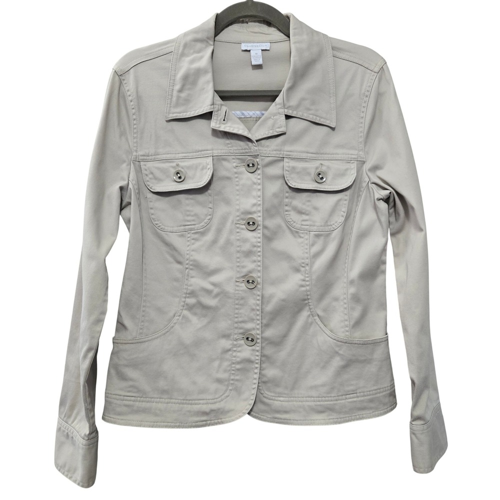 Charter Club Womens M Classic Khaki Stretch Cotton Button Front Utility Jacket - Picture 1 of 8